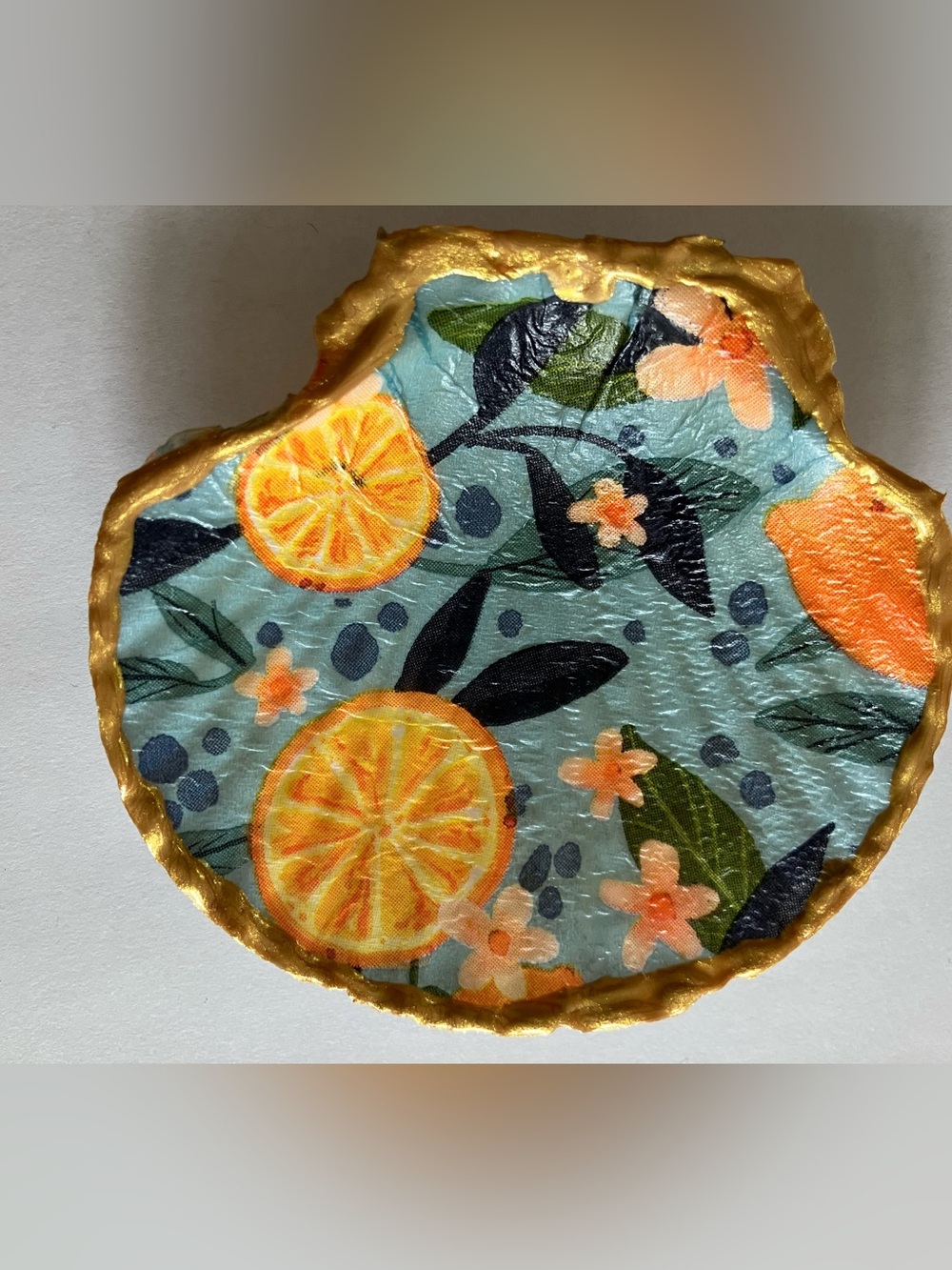 Handcrafted Citrus Orange Seashell Dish Decoupage 4-5inch Gold Metallic - Picture 3 of 4